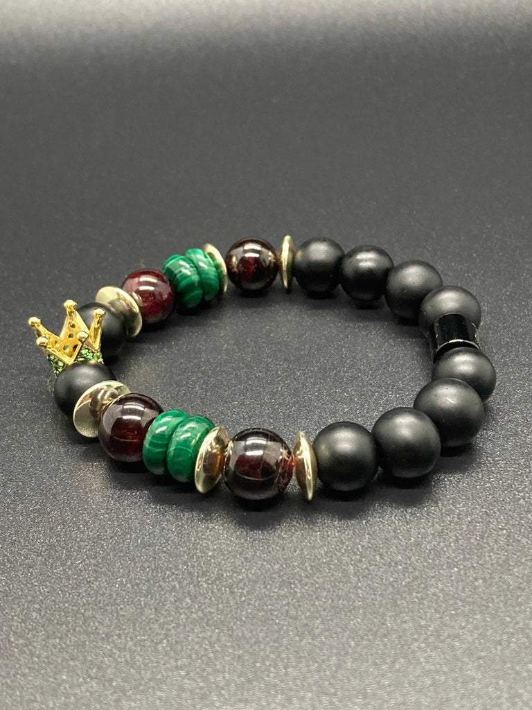 RED GARNET AND MALAKITE CROWN BRACELET