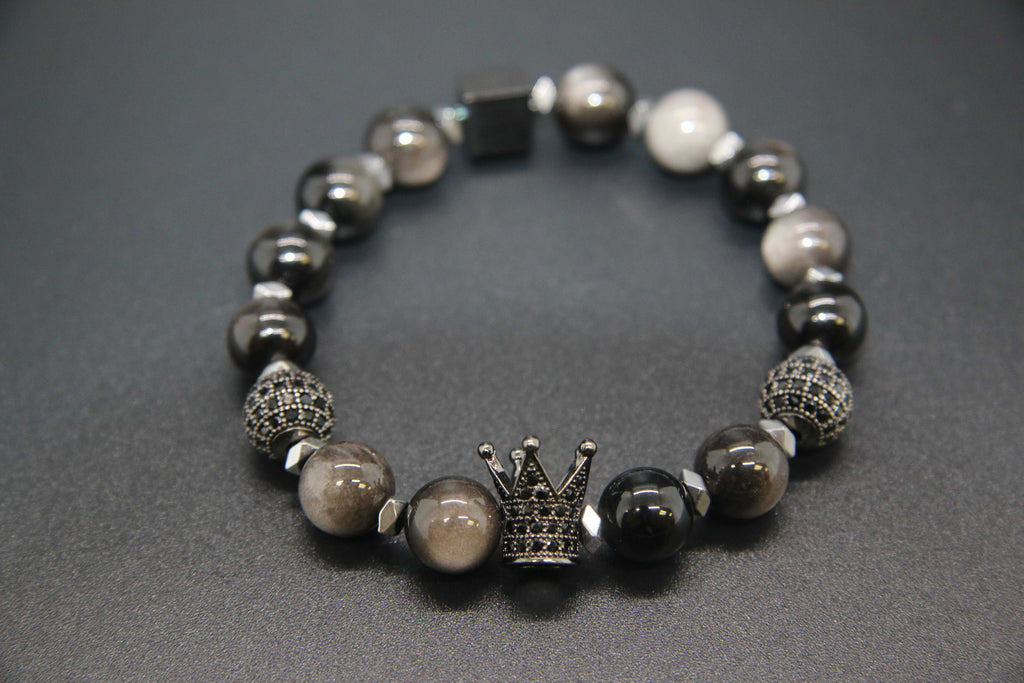 OBSIDIAN AND HEMATITE BRACELET WITH CZ ACCENTS